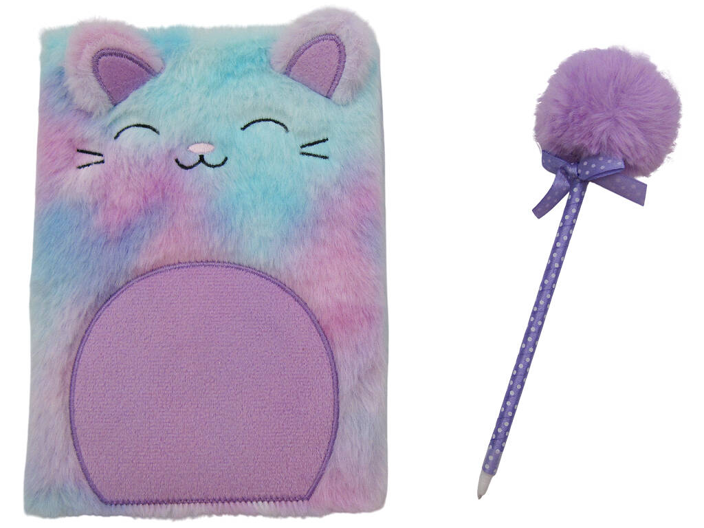 Pack Carnet Peluche A5 Chat Violet avec 80 Pages et Stylo Bleu avec Pompon de 22 cm