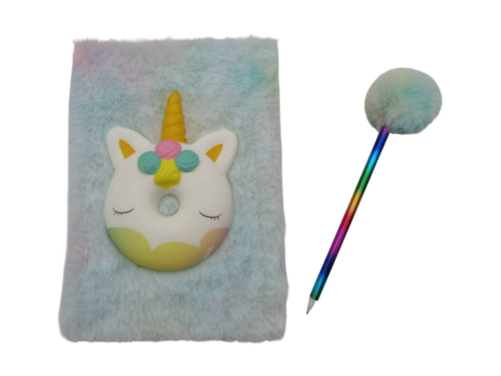 Carnet Peluche Squeezy A5 Donut Licorne Blanche avec 80 Pages et Stylo Bleu Pompon de 21 cm