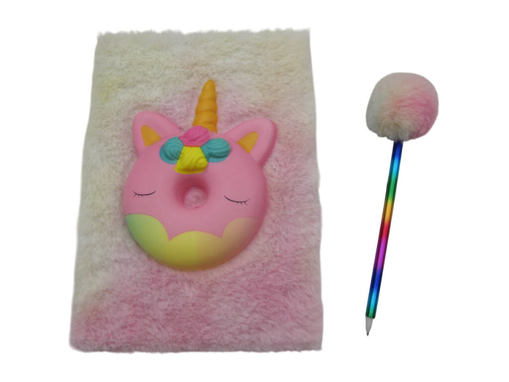 Carnet Peluche Squeezy A5 Donut Licorne Rose avec 80 Pages et Stylo Bleu Pompon de 21 cm