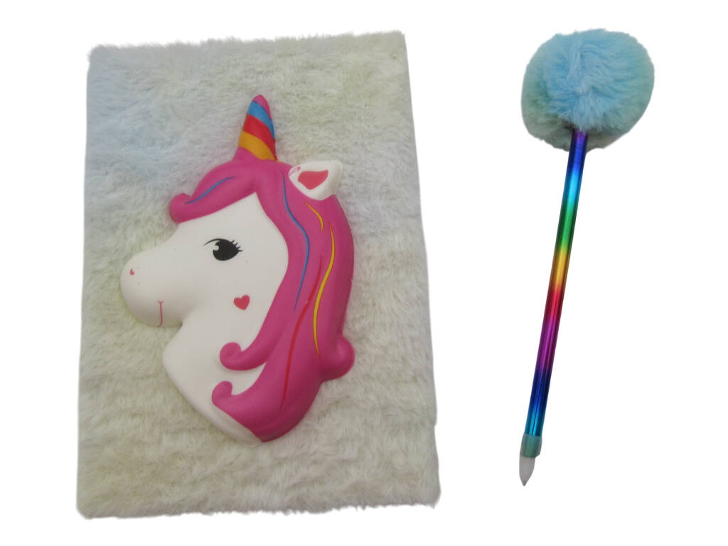 Carnet Peluche Squeezy A5 Donut Licorne Blanche avec 80 Pages et Stylo Bleu Pompon de 21 cm