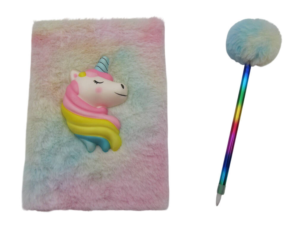 Carnet Peluche Squeezy A5 Licorne Corne Bleue avec 80 Pages et Stylo Bleu Pompon de 21 cm