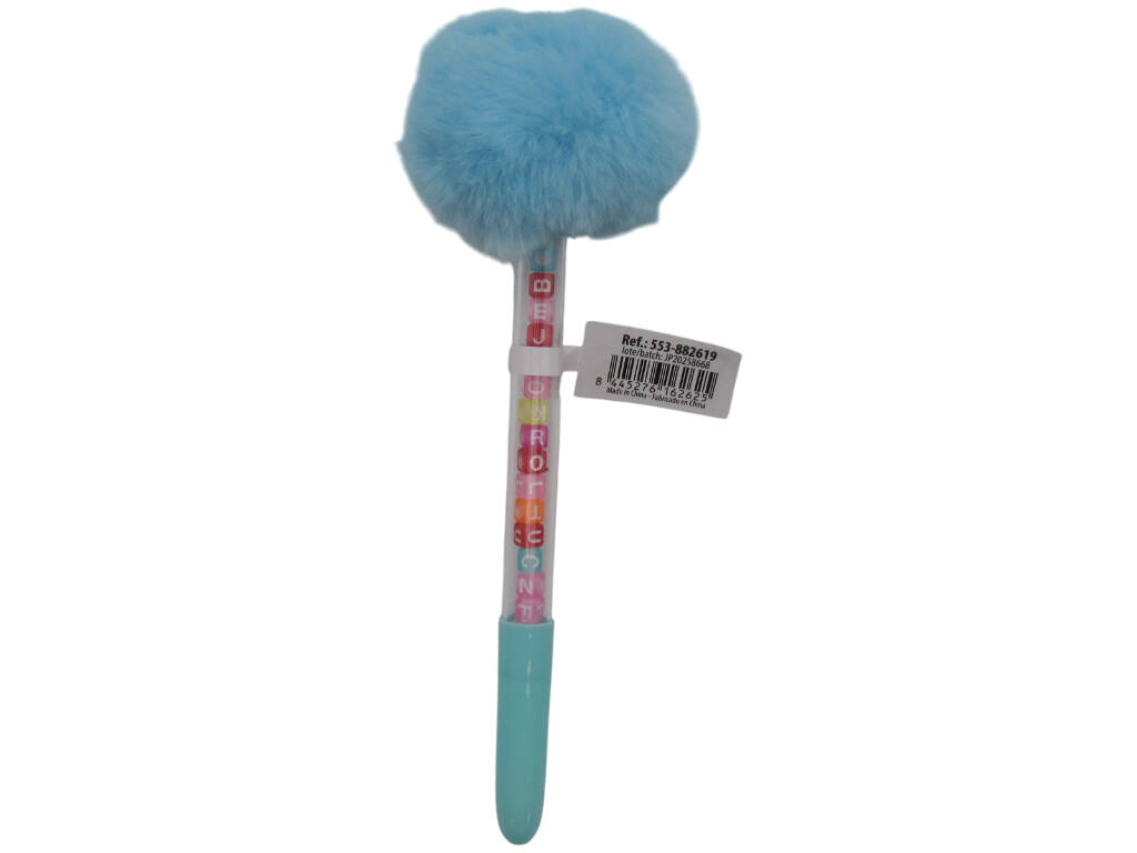 Stylo à bille bleu avec pompon et perles avec lettres 19 cm