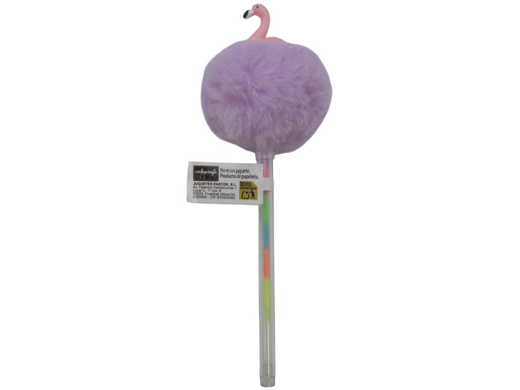 Stylo à bille multicolore avec pompon et flamant rose 19 cm