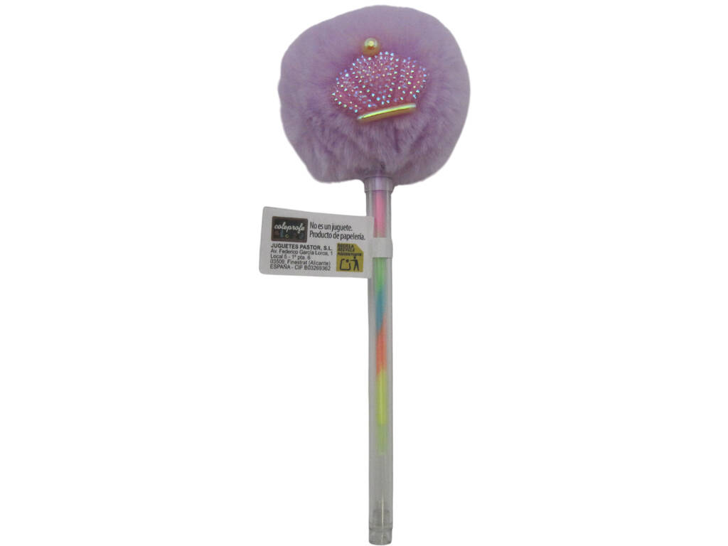 Stylo à bille multicolore avec pompon et couronne 17,5 cm