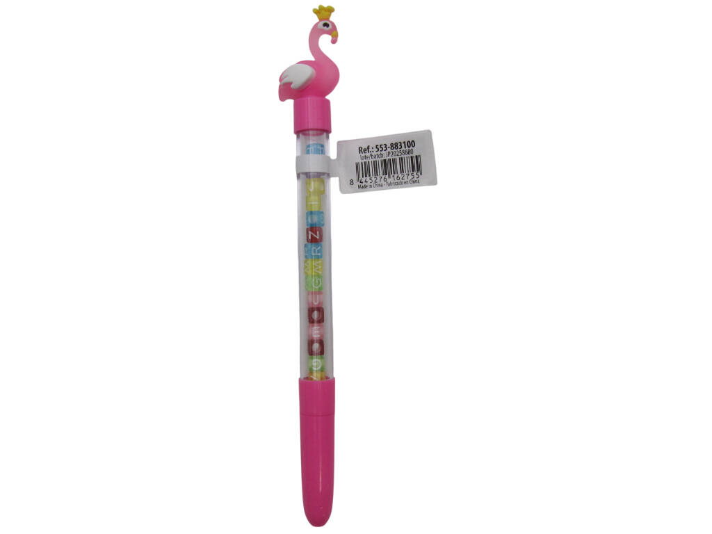 Stylo à bille bleu avec flamant rose et perles avec lettres 19,5 cm