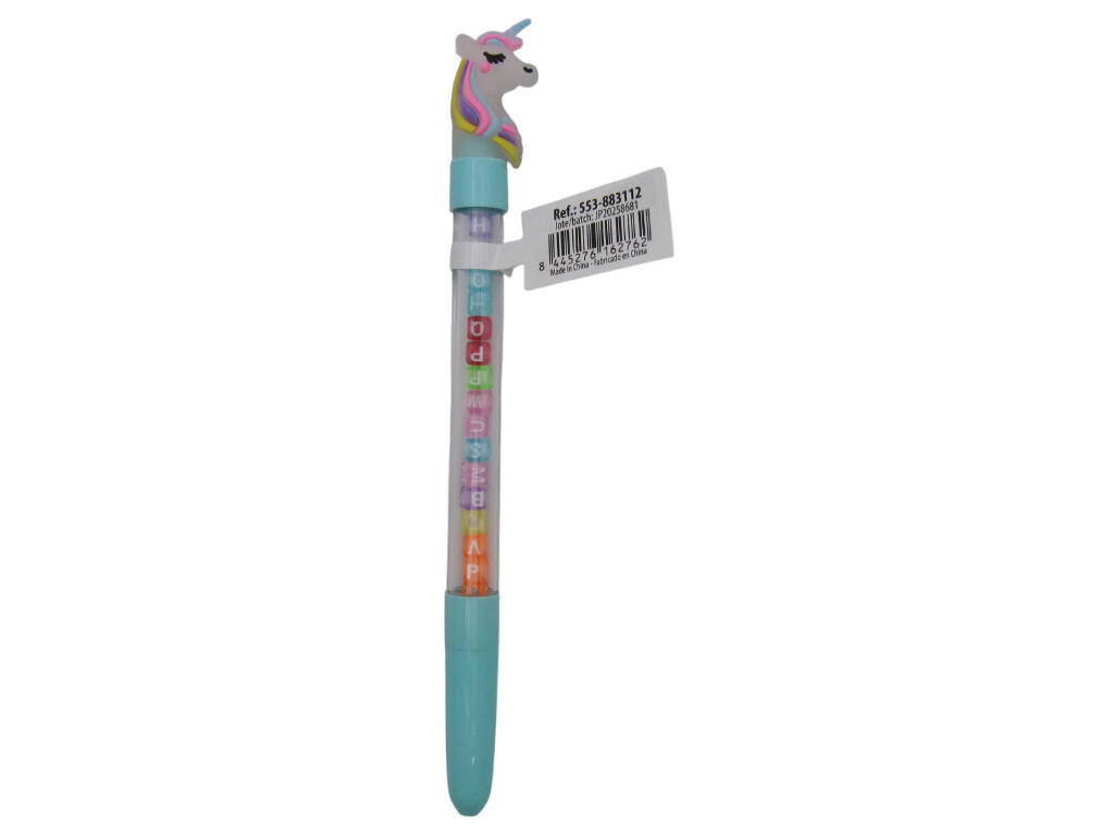 Stylo à bille bleu avec licorne et perles avec lettres 19,5 cm