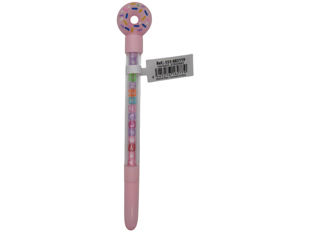 Stylo à bille bleu avec donut et perles avec lettres 18,5 cm