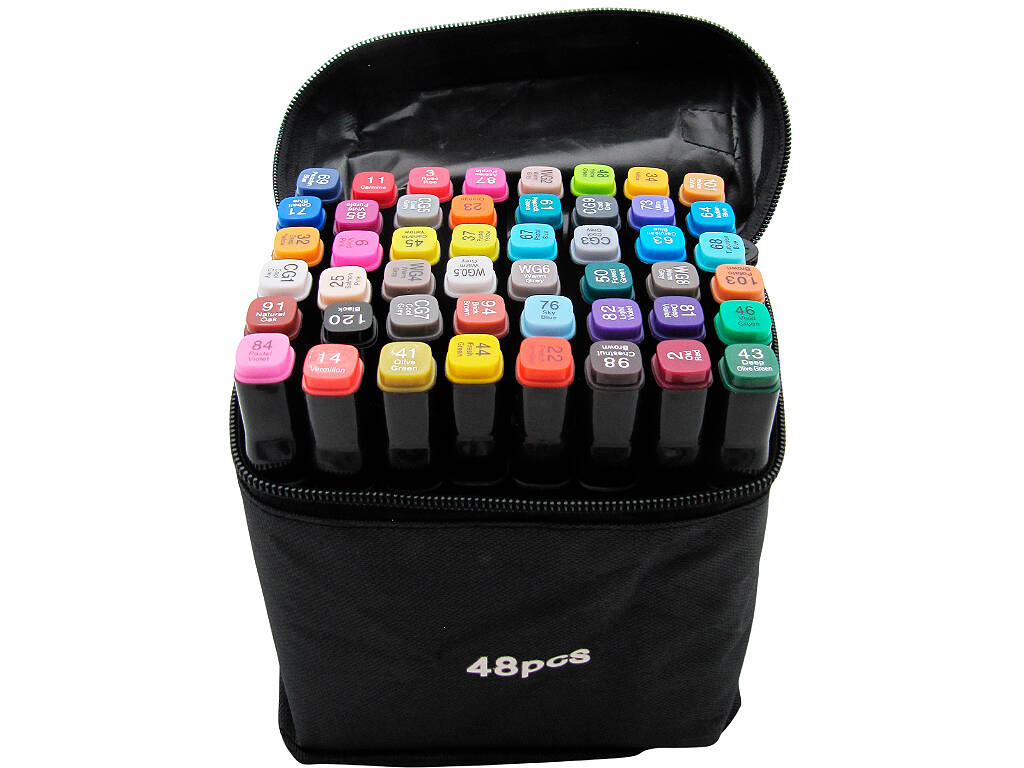 Conjunto 48 Marcadores de Cores Diferentes com 2 Pontas de 3 e 6,5 mm em Bolsa com Asa