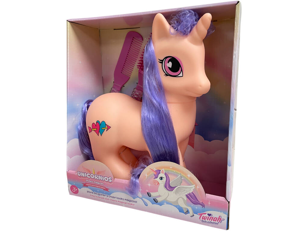 Licorne couleur corail de 25 cm avec accessoires