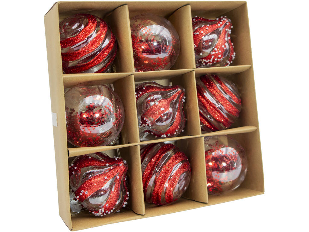 Décoration de Noël Boîte de 9 boules décoratives assorties pailletées rouges de 8 cm