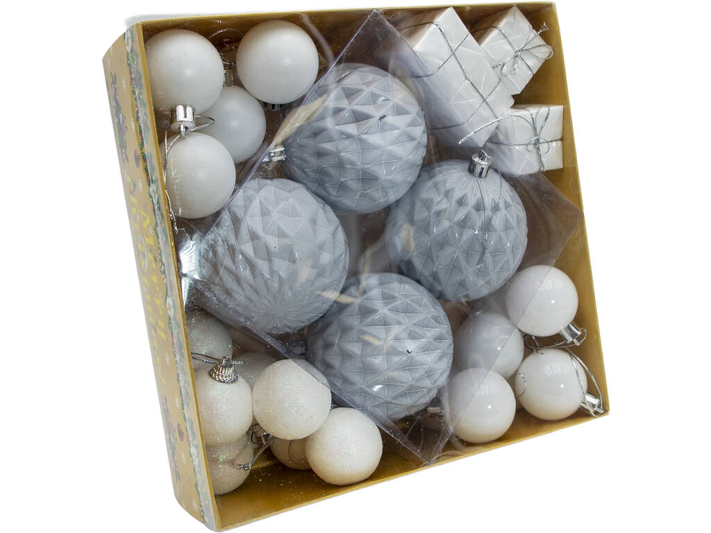 Décoration de Noël Boîte contenant 32 décorations variées argentées et blanches de 4 et 8 cm