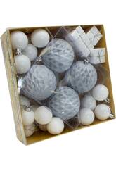 Enfeite Natalício Caixa com 32 Enfeites Variados Prateados e Brancos de 4 e 8 cm