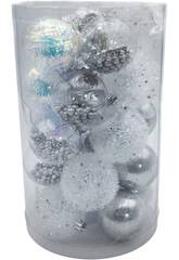 Enfeite Natalício Caixa com 25 Bolas Natalícias Ornamentais Prateadas de 6 cm