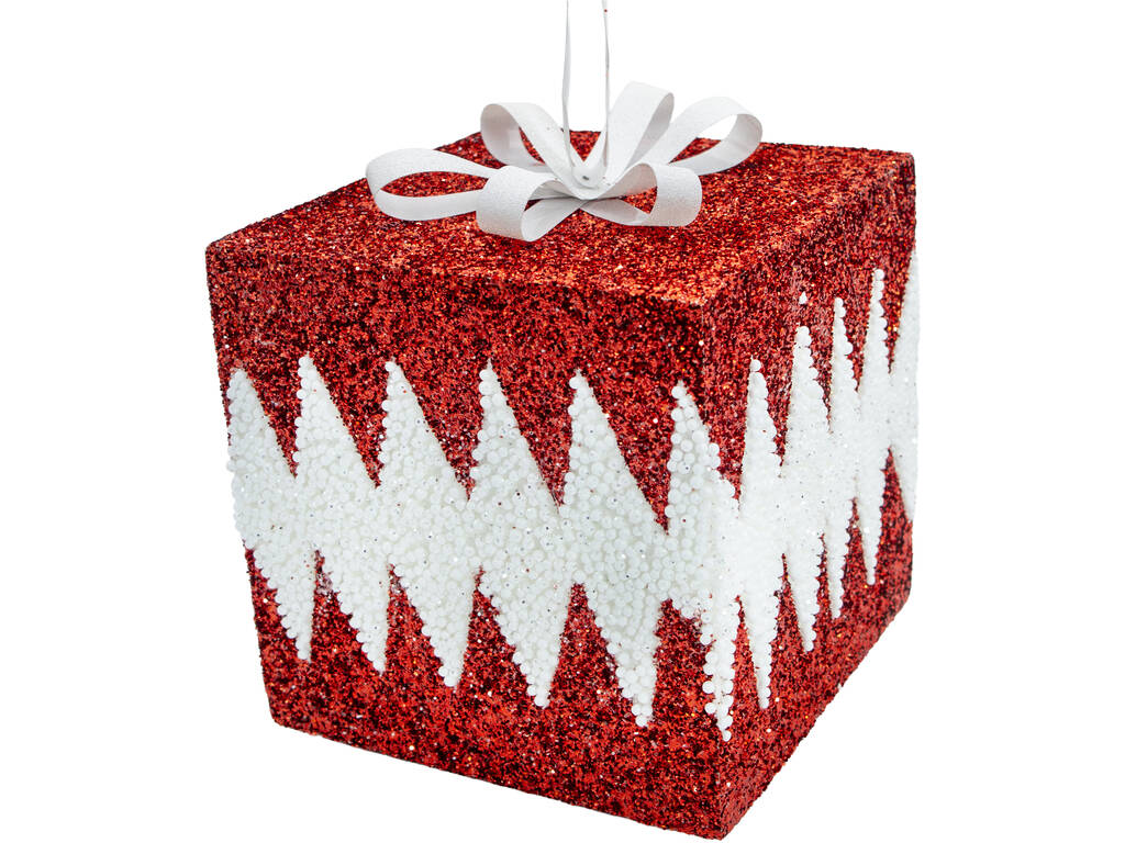 Enfeite Natalício Caixa Oferta Vermelha com Purpurina e Laço Branco de 20 cm