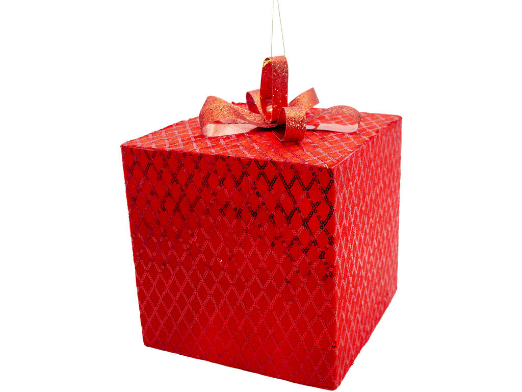 Enfeite Natalício Caixa Oferta Vermelha com Lantejoulas e Laço Vermelho de 20 cm