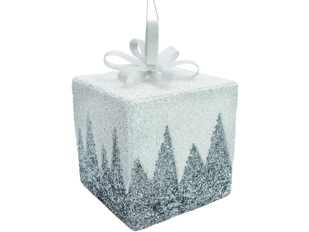 Décoration de Noël Boîte cadeau argentée et blanche brillante de 20 cm