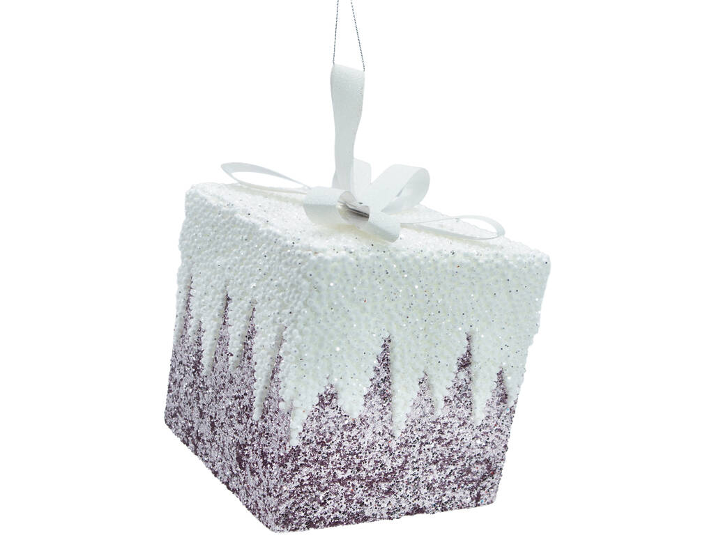 Enfeite Natalício Caixa Oferta Púrpura com Brilhantes e Laço Branco de 15 cm