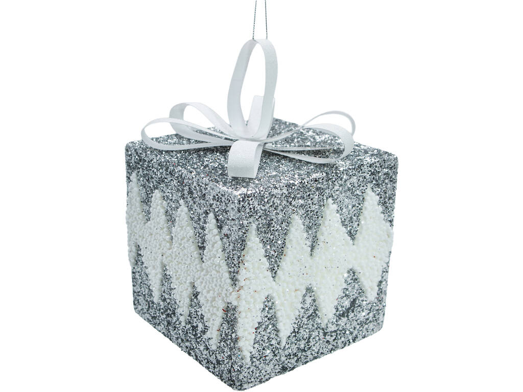 Décoration de Noël Boîte cadeau argentée et blanche brillante de 15 cm
