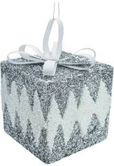 Décoration de Noël Boîte cadeau argentée et blanche brillante de 15 cm