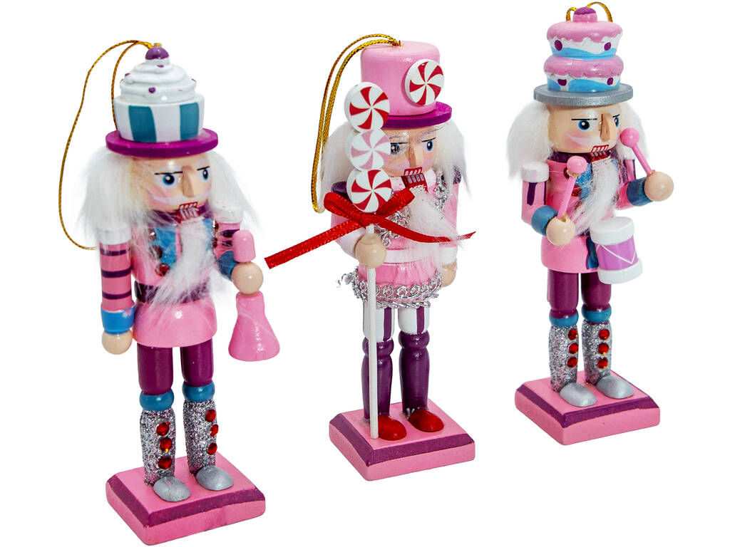 Décoration de Noël Set 3 soldats casse-noisettes rose en bois de 13 cm