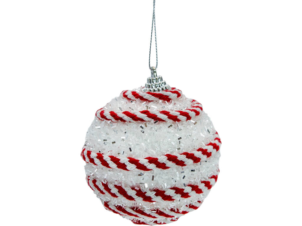 Décoration de Noël boule blanche brillante avec ruban blanc et rouge de 10 cm