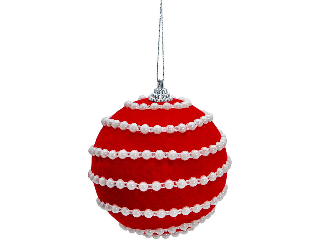 Décoration de Noël boule rouge en velours avec perles blanches, 10 cm