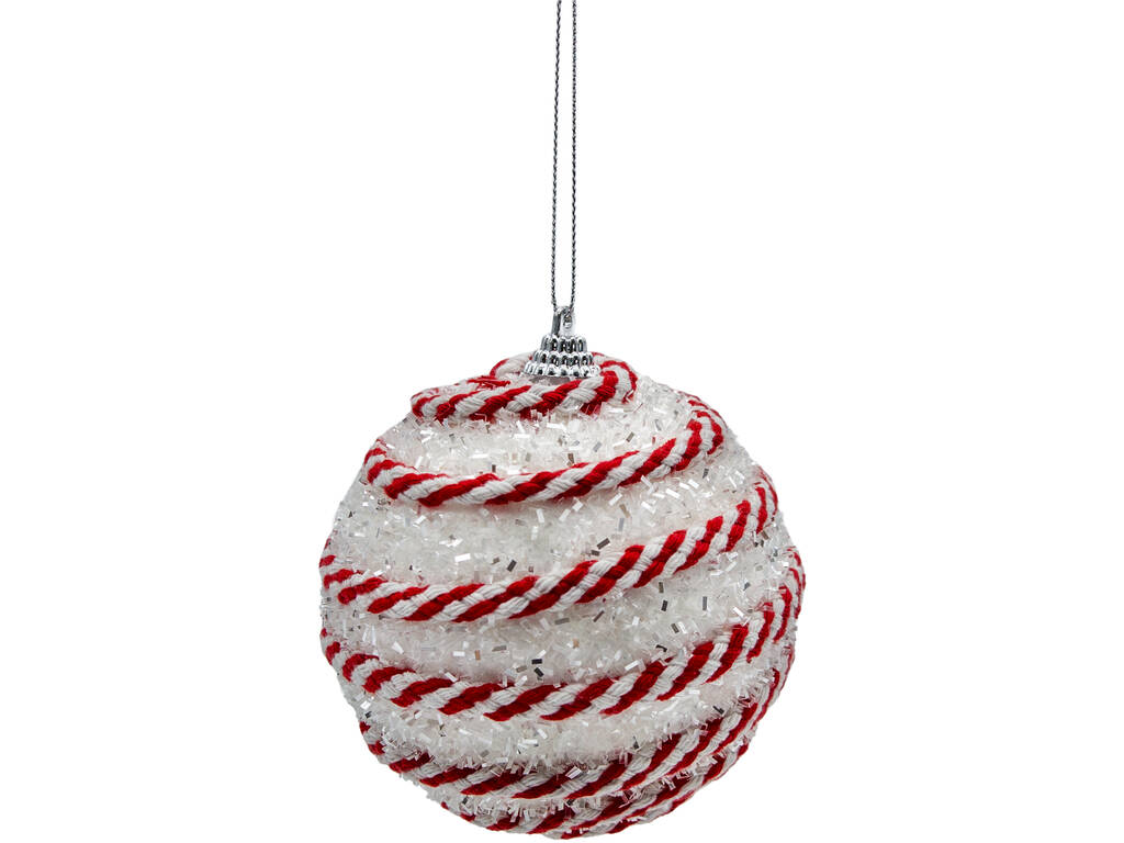 Décoration de Noël boule blanche brillante avec ruban blanc et rouge de 8 cm