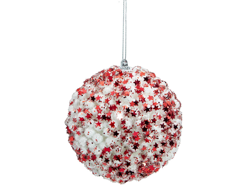 Décoration de Noël boule blanche avec étoiles et paillettes rouges, 10 cm