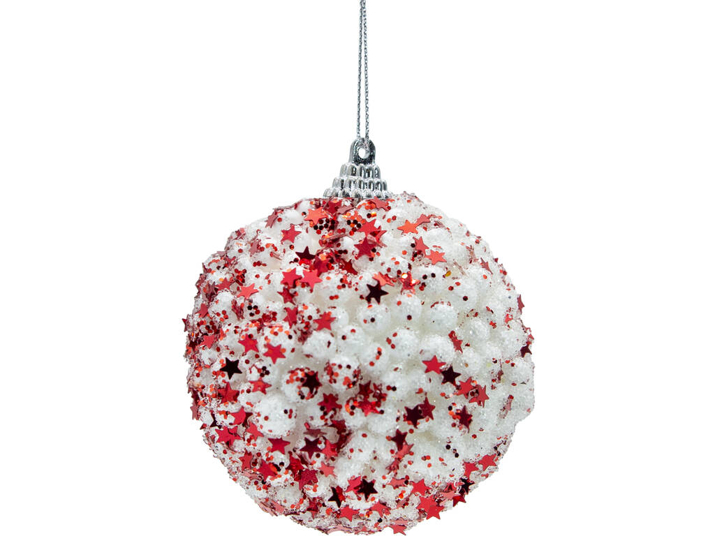 Décoration de Noël boule blanche avec étoiles et paillettes rouges, 8 cm
