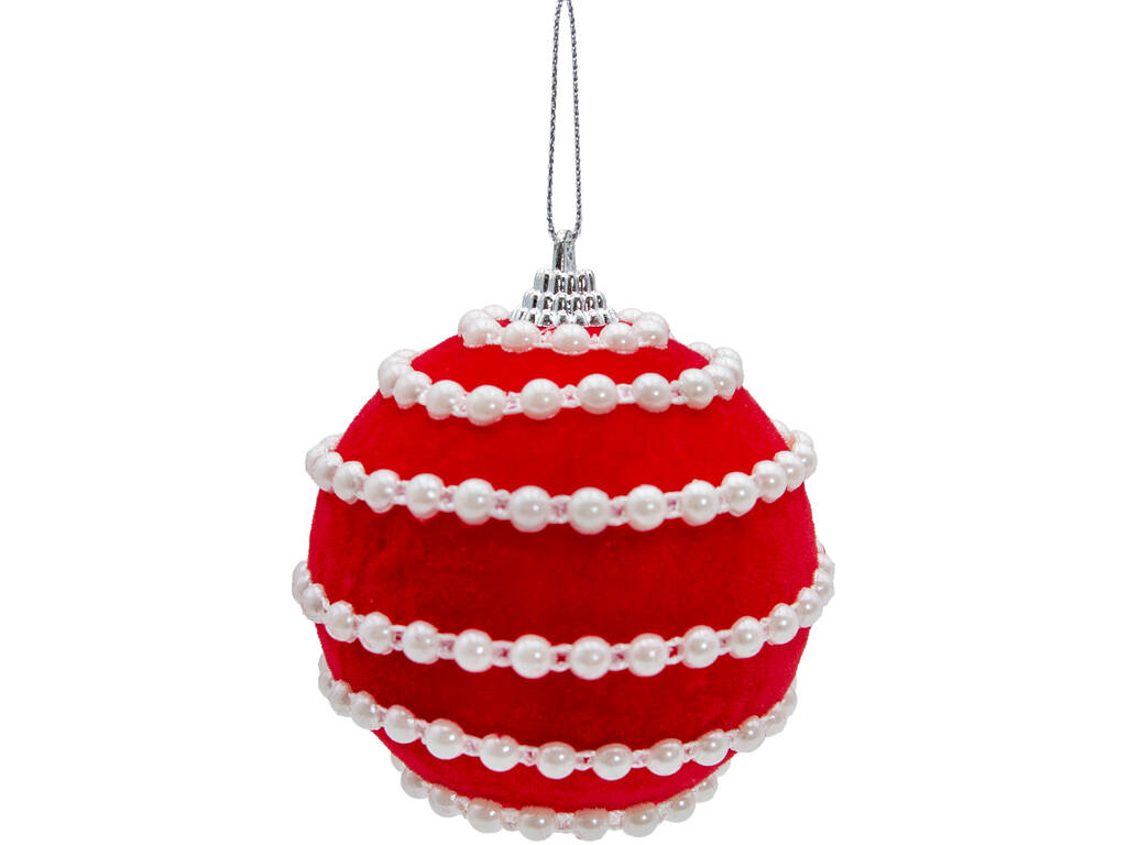 Décoration de Noël Boule rouge en velours avec perles blanches de 8 cm
