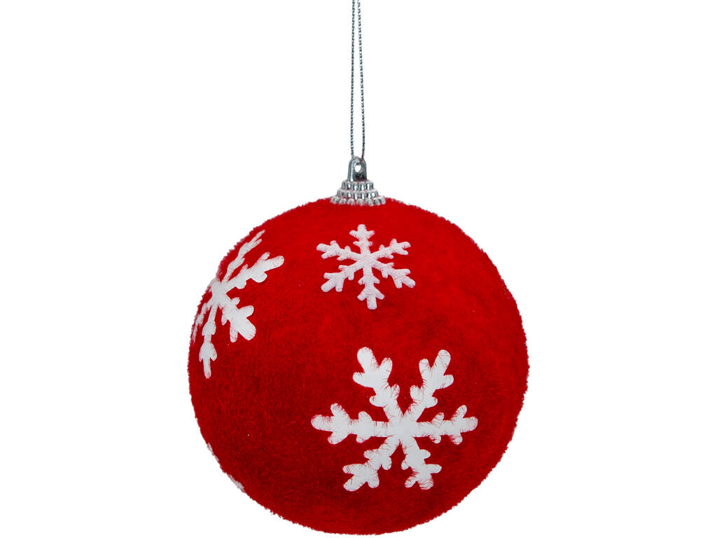 Décoration de Noël boule rouge en velours avec flocons blancs de 10 cm