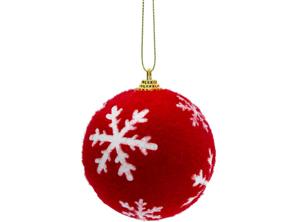 Décoration de Noël Boule rouge en velours avec flocons blancs de 8 cm