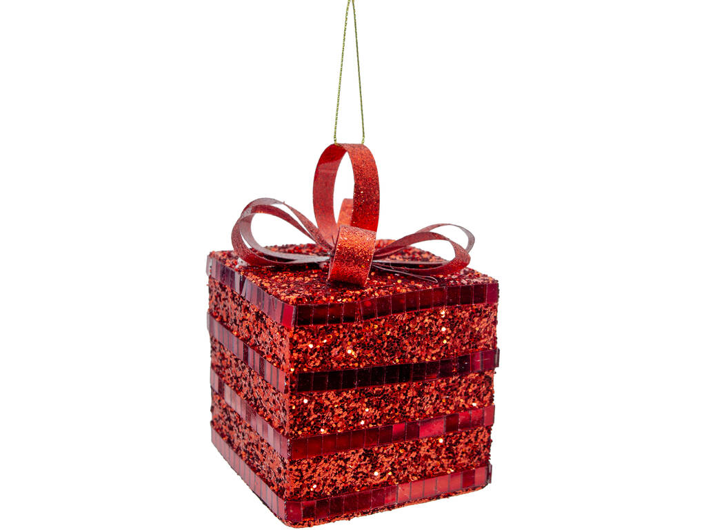 Décoration de Noël Boîte cadeau rouge avec paillettes et nœud rouge de 8 cm