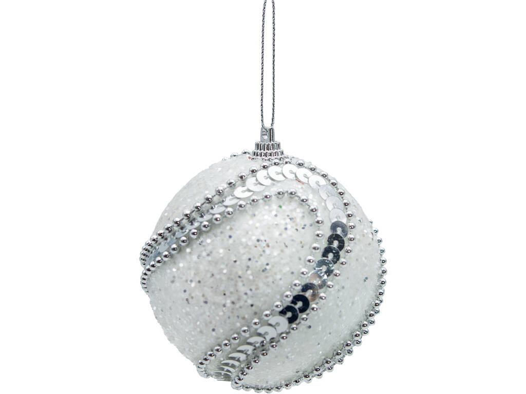 Décoration de Noël boule blanche avec ornements argentés, 8 cm