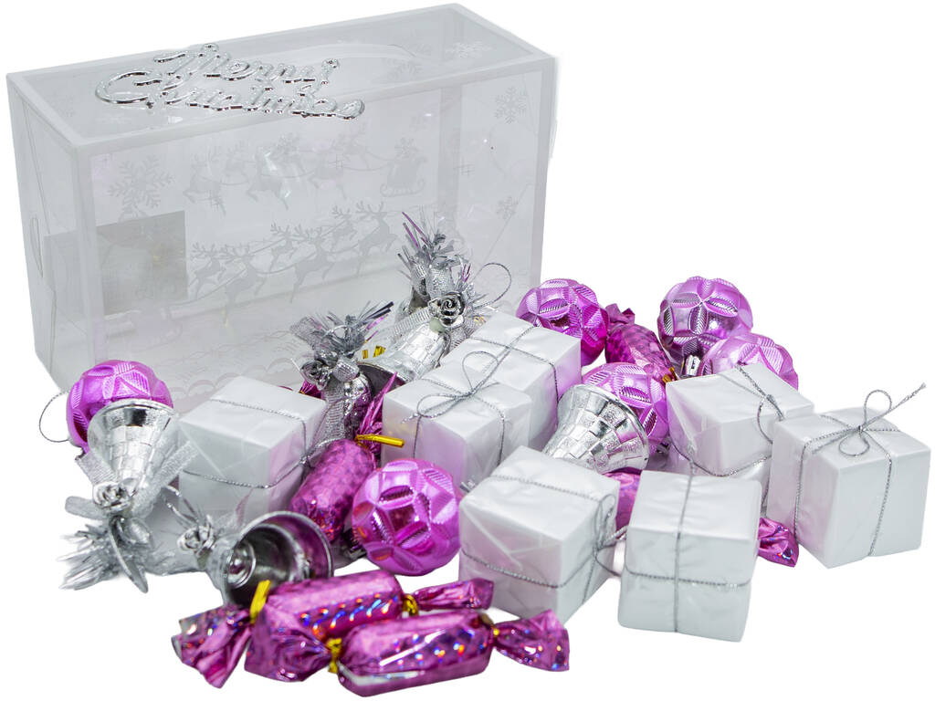 Décoration de Noël Boîte de 27 décorations pour sapin Fuchsia et Argent de 5 cm