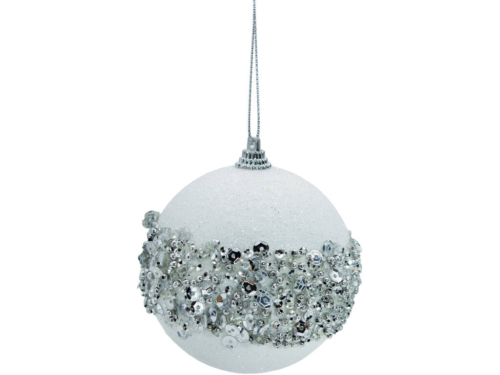 Décoration de Noël boule argentée avec perles, paillettes et sequins, 8 cm