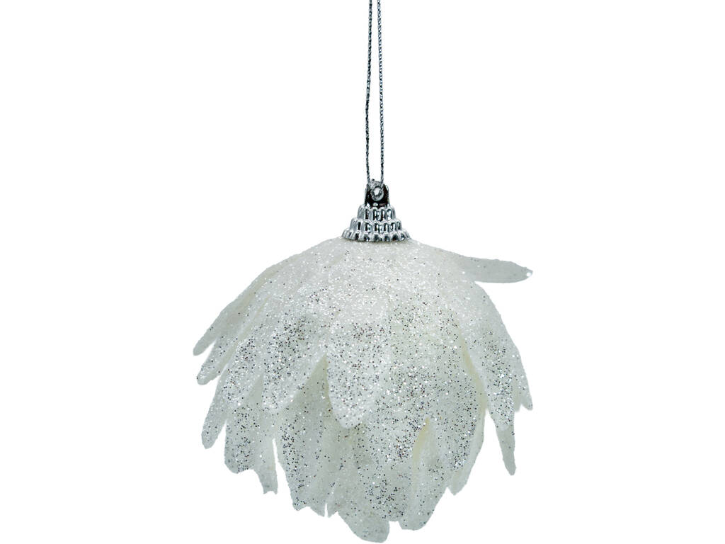 Décoration de Noël boule blanche avec feuilles et paillettes, 8 cm