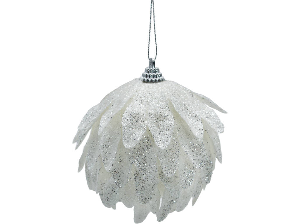 Décoration de Noël boule blanche avec feuilles et paillettes, 10 cm