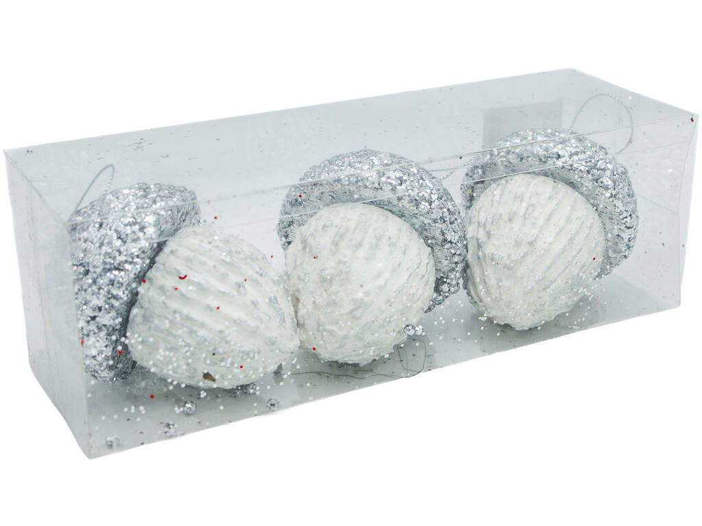 Décoration de Noël Boîte avec 3 glands argentés brillants de 9 x 7 cm