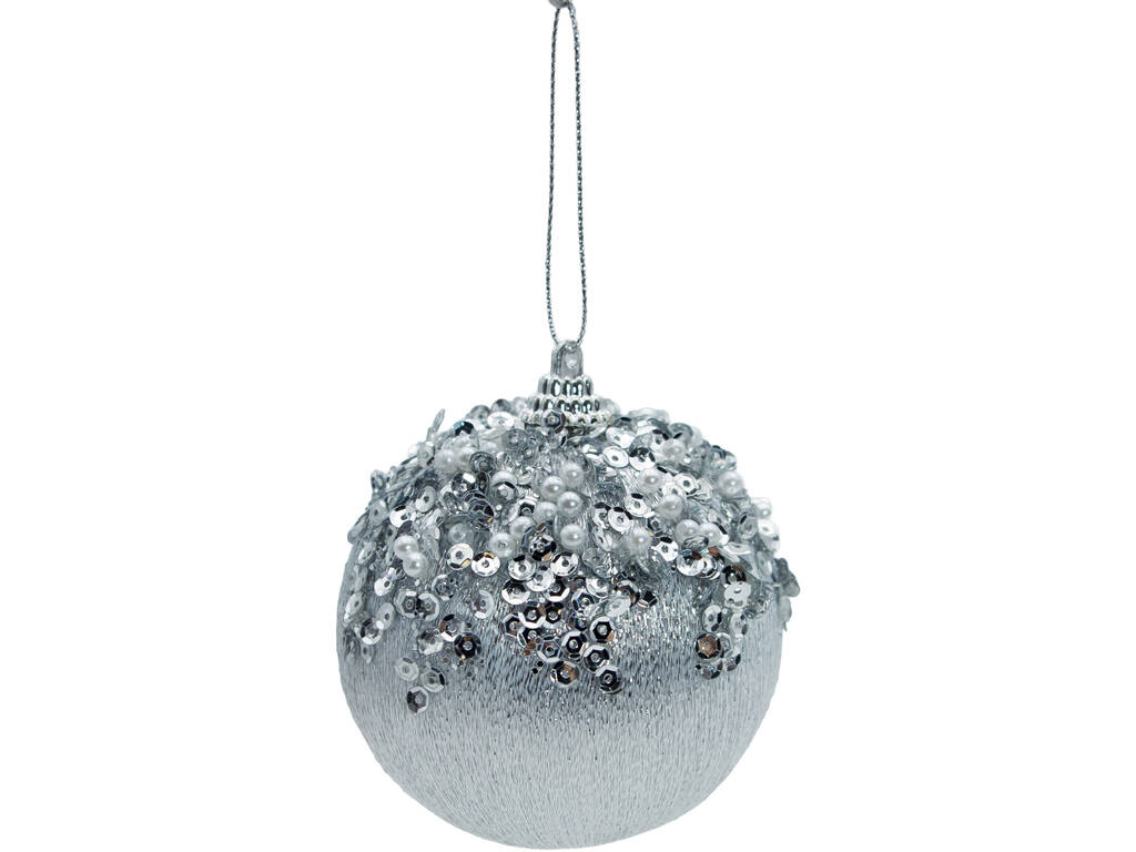 Décoration de Noël boule argentée avec perles, paillettes et sequins, 8 cm