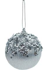 Décoration de Noël boule argentée avec perles, paillettes et sequins, 8 cm