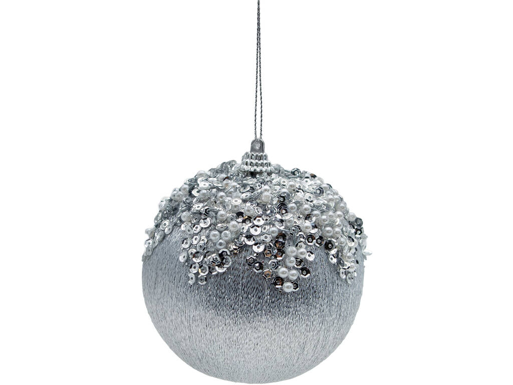 Décoration de Noël boule argentée avec perles, paillettes et sequins, 10 cm