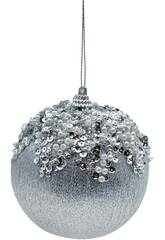Ornamento Natalício Bola Prateada com Pérolas, Glitter e Paetês de 10 cm
