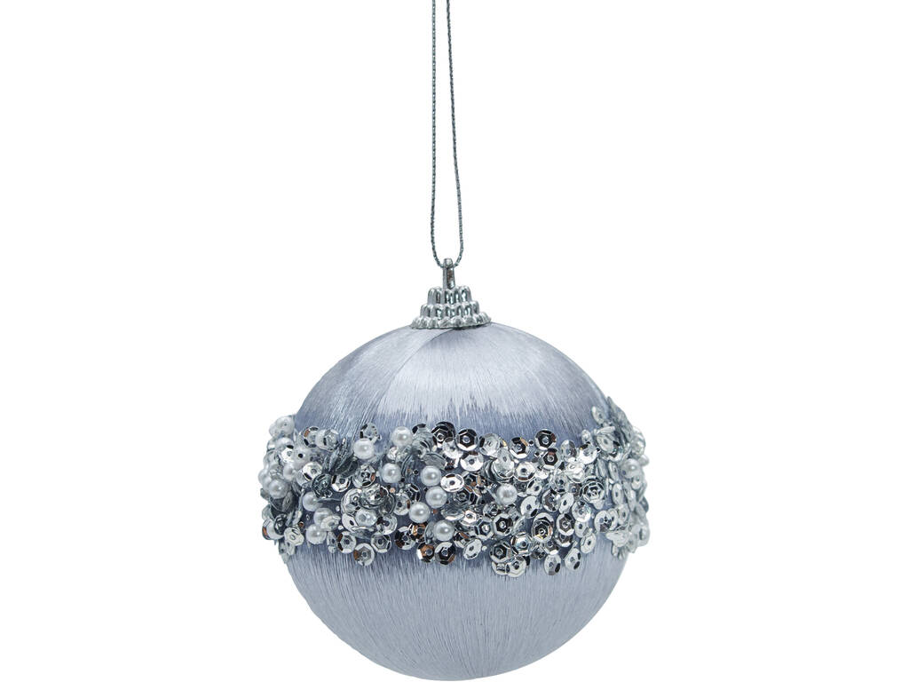 Décoration de Noël boule argentée avec perles et paillettes, 8 cm