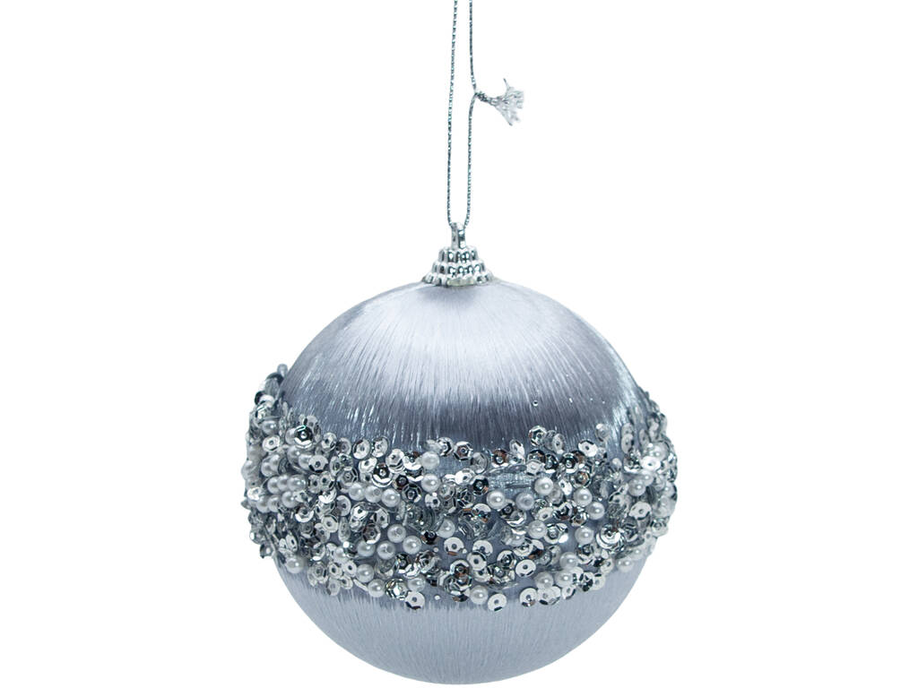 Décoration de Noël boule argentée avec perles et paillettes, 10 cm