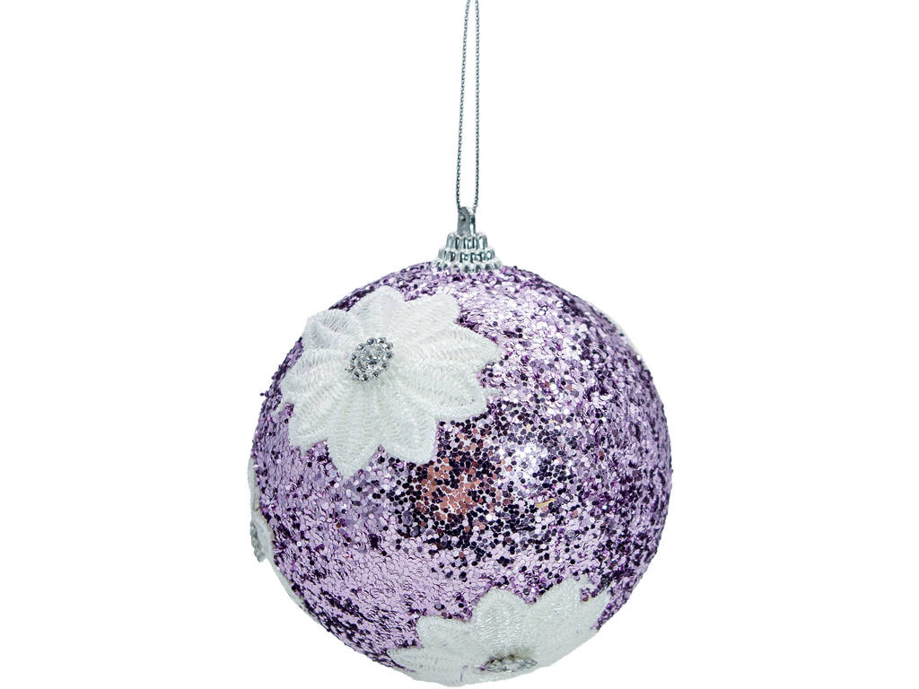 Décoration de Noël boule violette brillante avec fleurs, 10 cm