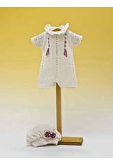 Grenouillère Tricot Broderie Ajourée et Béret Beige